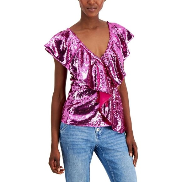 I-N-C Women's Sequin Ruffle Blouse Top V Neck Cap Sleeves Pink Size Large - Picture 1 of 4
